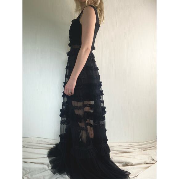 WHOLE 9 YARDS Black Tulle Ruffled Sheer Maxi Formal Gown SMALL - Picture 5 of 12